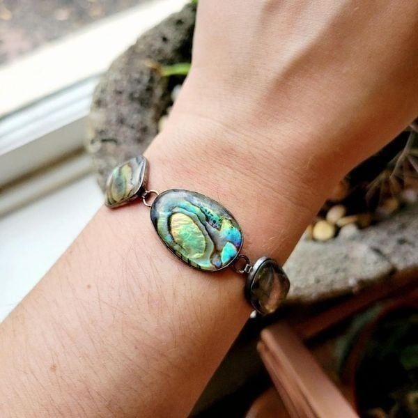 Vintage 925 Sterling Silver Silver Abalone Shell Boho Bohemian Charm Bracelet