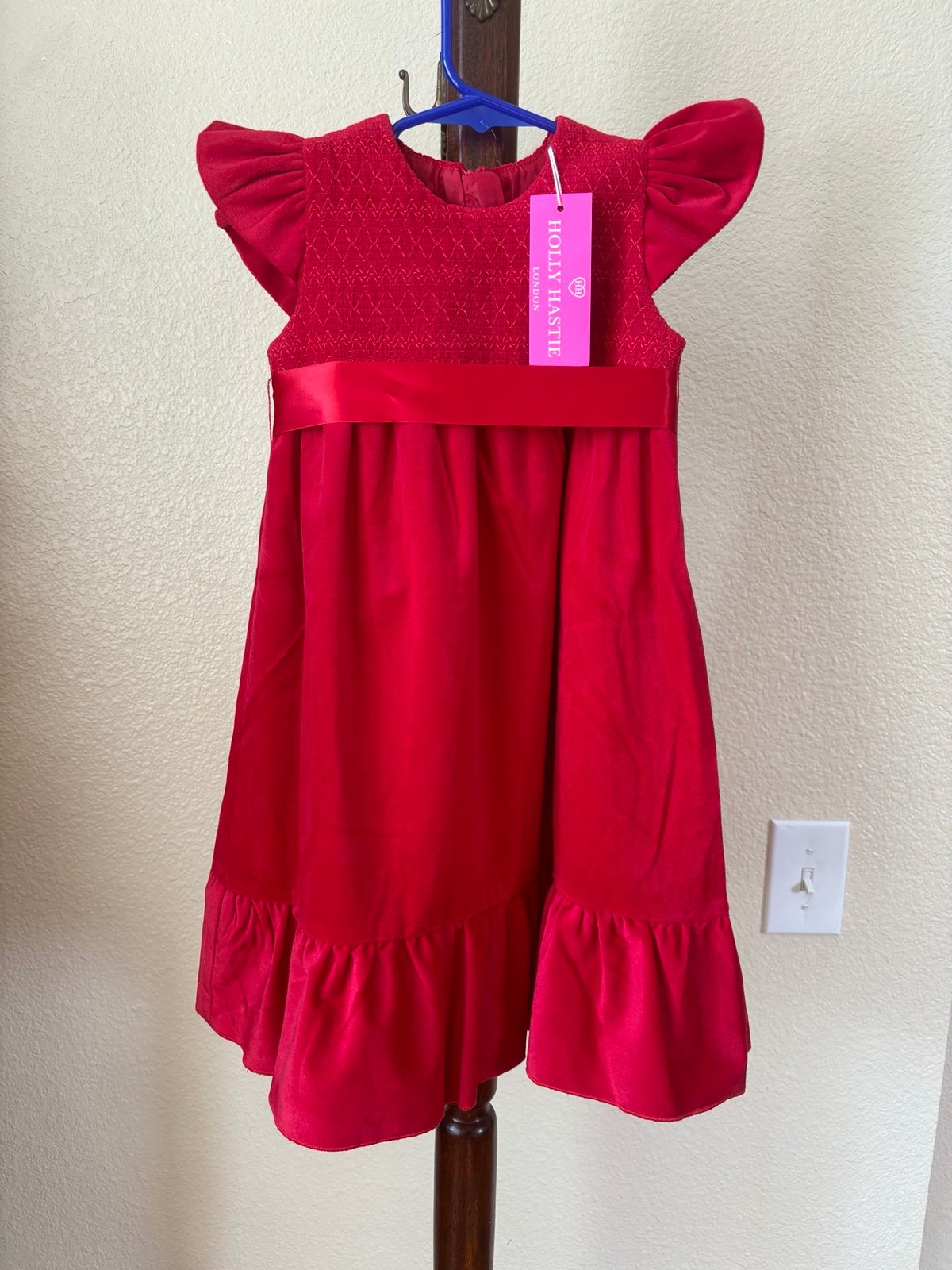 Holly Hastie London Poppy smocked red velvet dress NWT