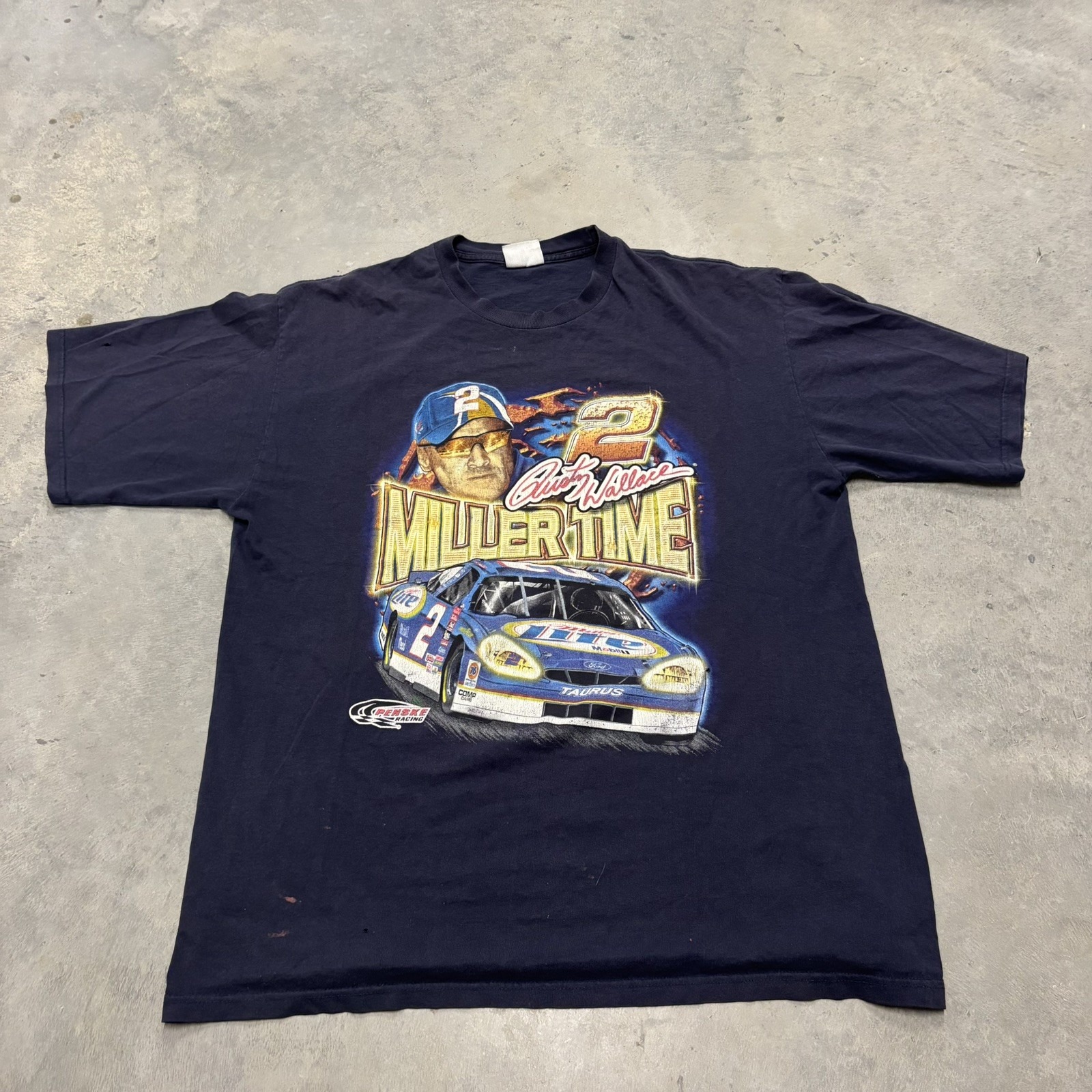 Vintage Rusty Wallace Miller Time Nascar Tshirt Navy Blue Men's