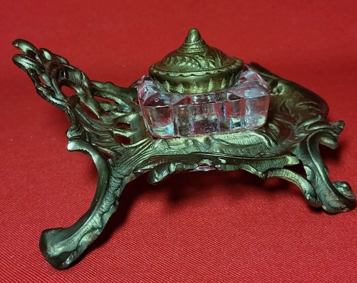 Vintage Art Deco Cast Brass and Glass Inkwell Set