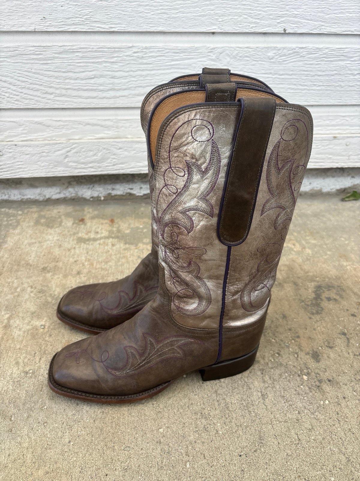 Lucchese Womens Size 8.5 B Brown Leather Metallic Cowboy Fashion Boots