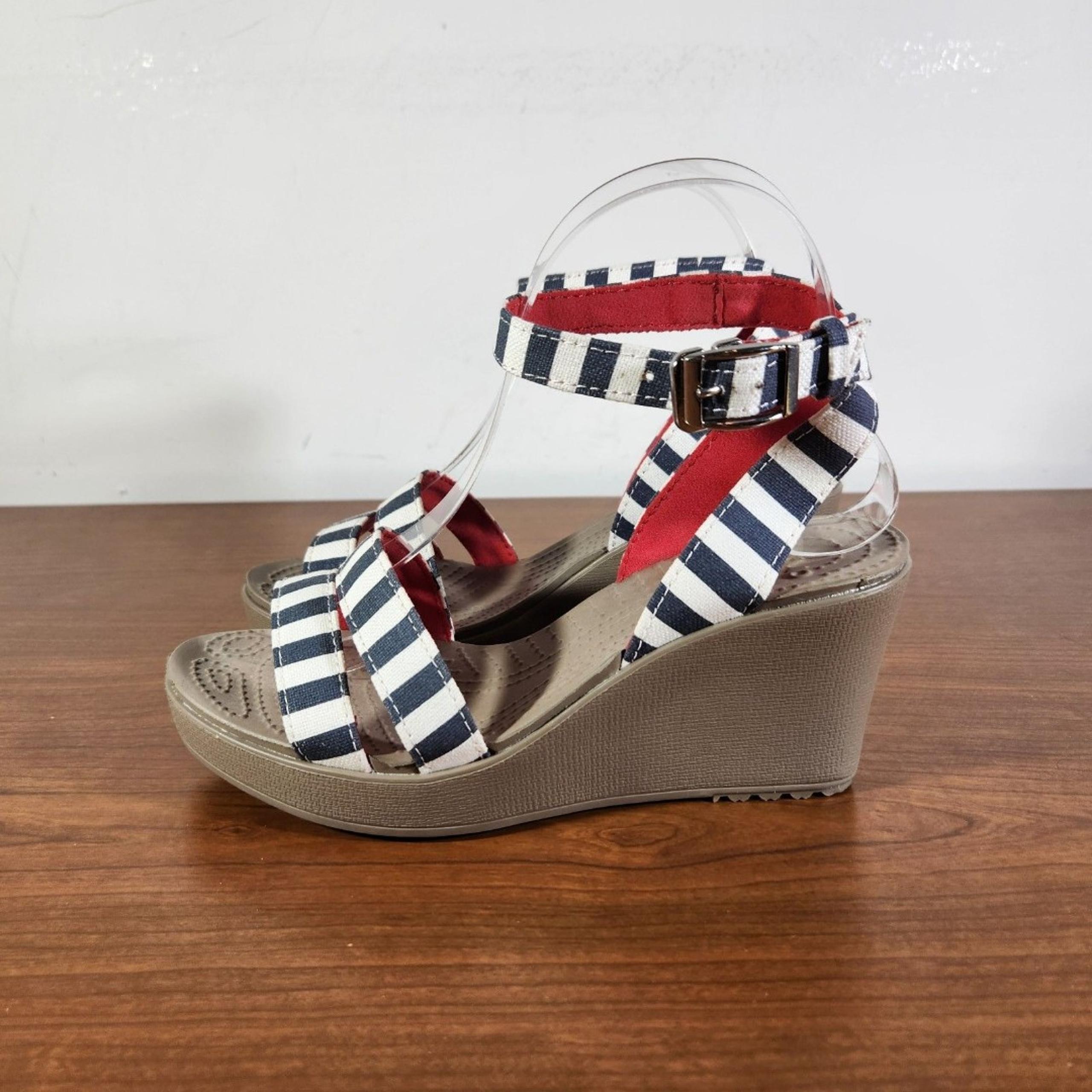 Crocs Leigh II Strap Ankle Wedge Heel Comfort Sandals Blue White Red Women 7