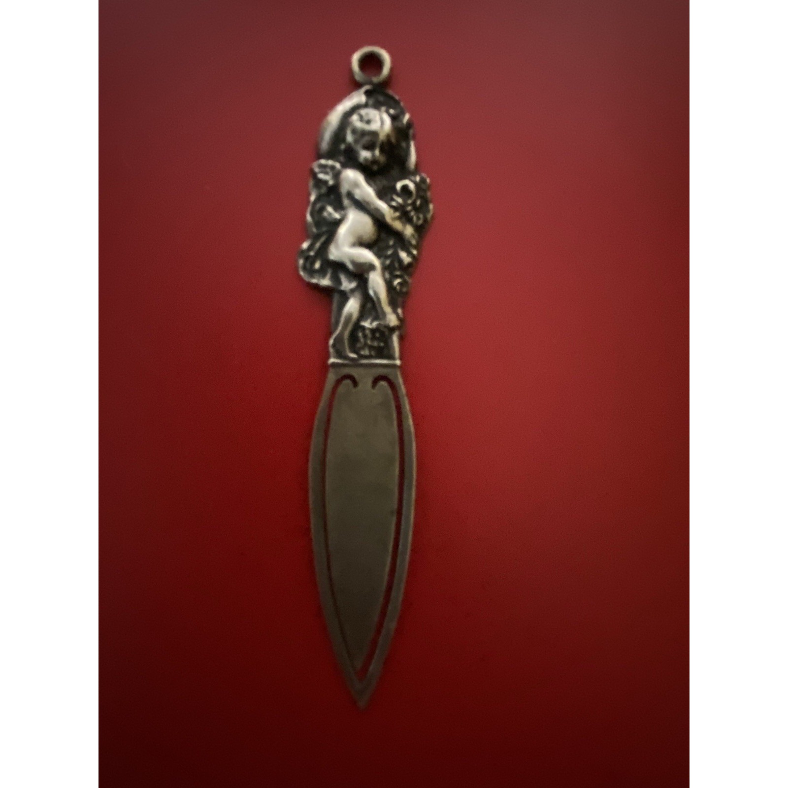 ANTIQUE STERLING Front BOOKMARK CHERUB ANGEL & ROSES 3.5 ANGELIC