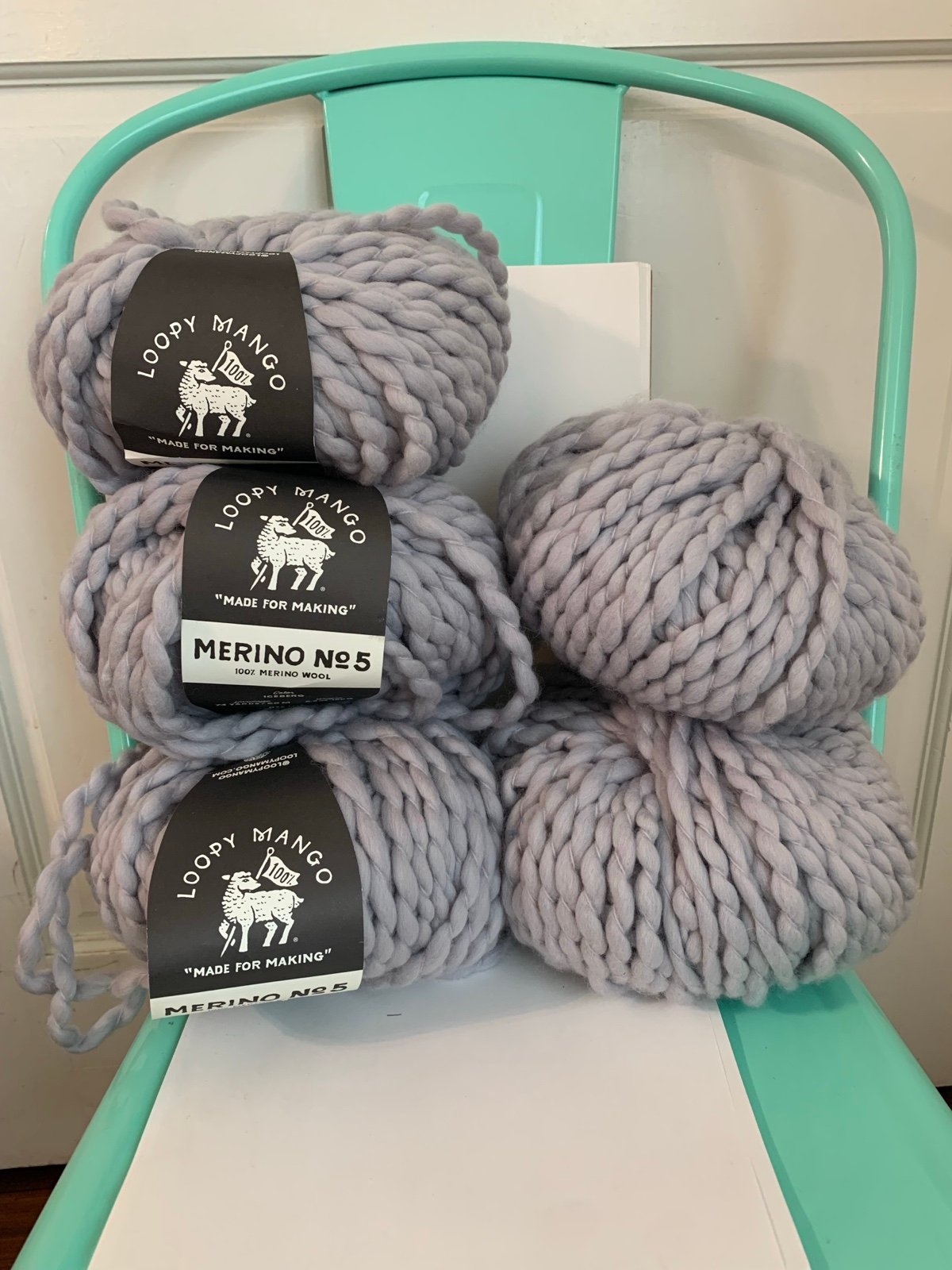 Lot of 5 Loopy Mango Merino 5 100% Merino Wool Chunky Yarn Iceberg-Made in Italy