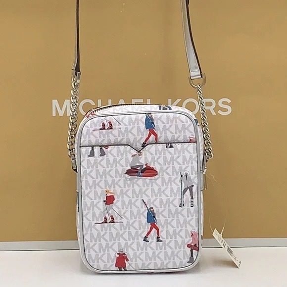 MICHAEL KORS WOMEN LADY SKI GIRL SKIER CHAIN CROSSBODY BAG WHITE LOGO GREY LTH