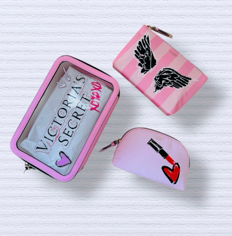 Victoria's Secret Cosmetic Makeup Clear Set Case Pink Xoxo 3pc
