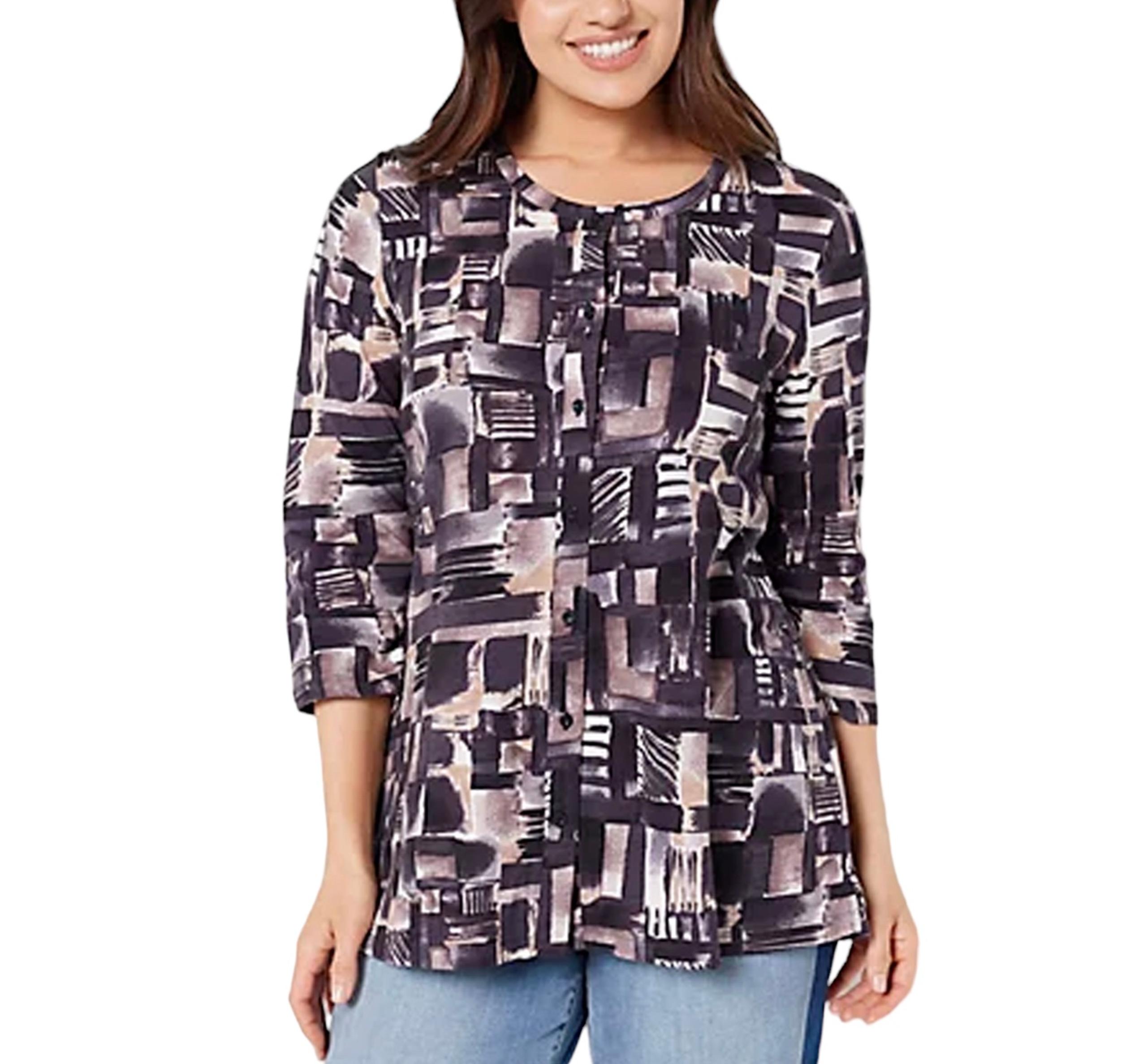 Logo by Lori Goldstein Printed Cotton Slub 3/4 Sleeve Thin Cardigan Top Size XL