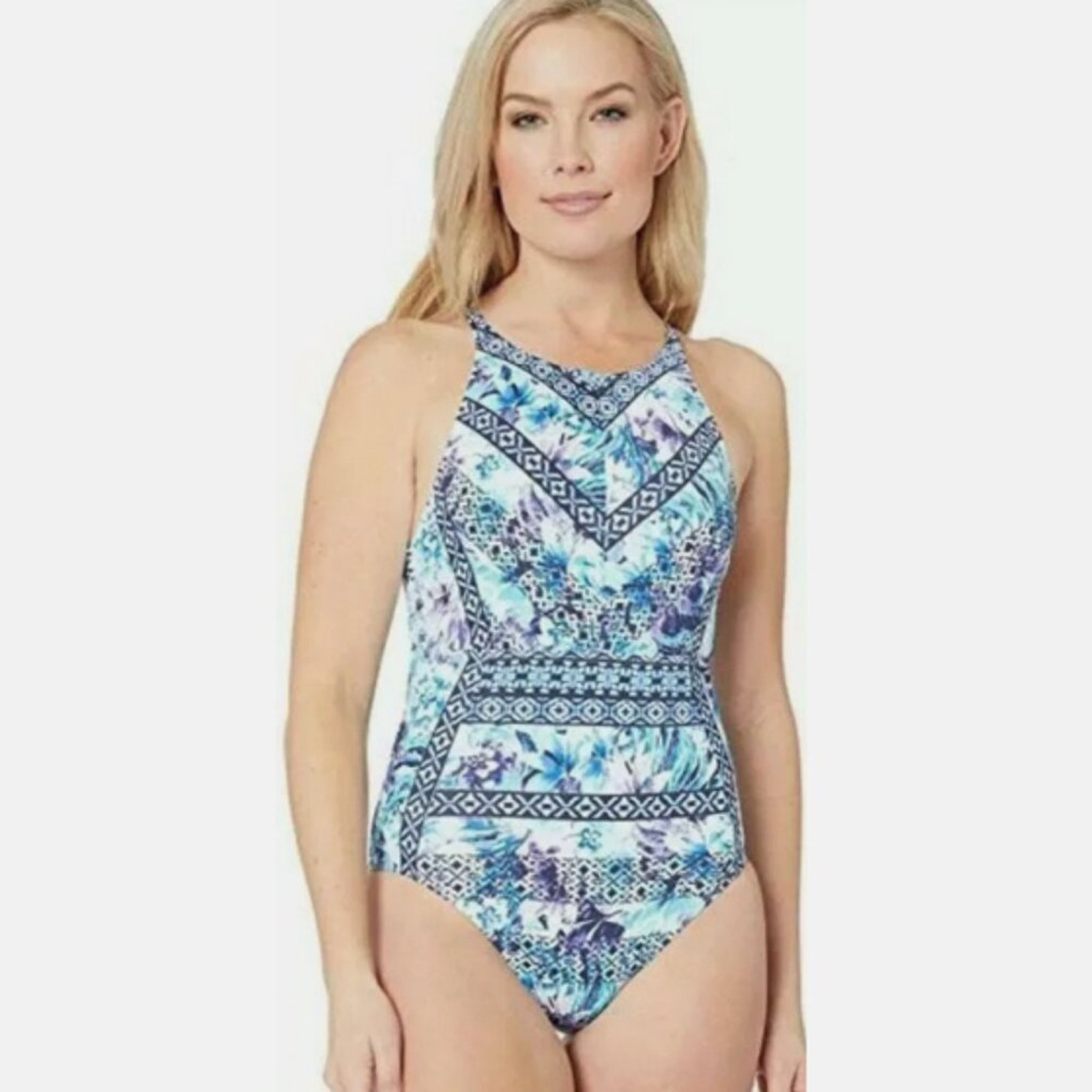 Tommy Bahama Aqua Petals High Neck One Piece Swimsuit, Multi, Women's 6