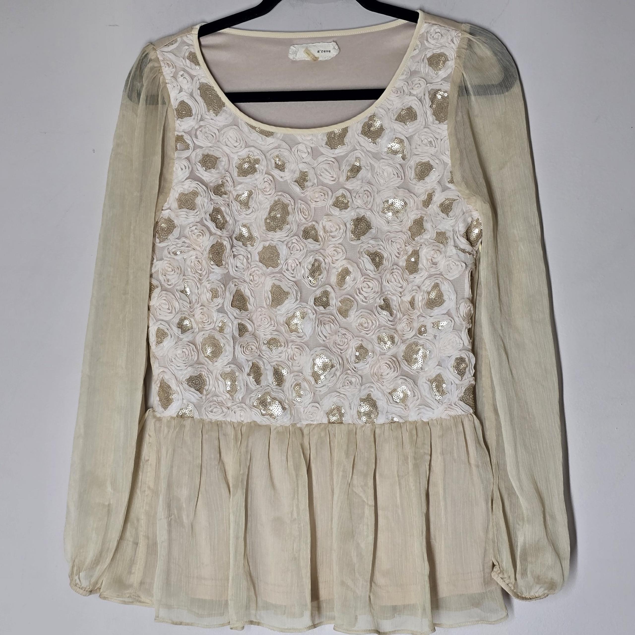 A'reve Women's Top Embellished Sequin Floral Peplum Long Sleeve Size Medium Boho
