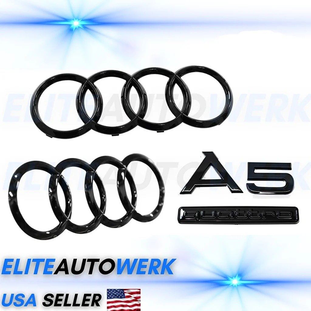 Audi A5 Front Rear Rings Emblem Gloss Black Trunk Logo Quattro Badge Set OE 4PC