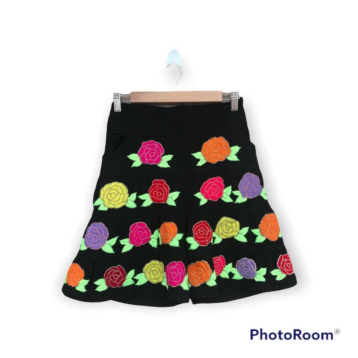 Black Skirt Pants Flowers Handmade Embroidery Muti-Color Style