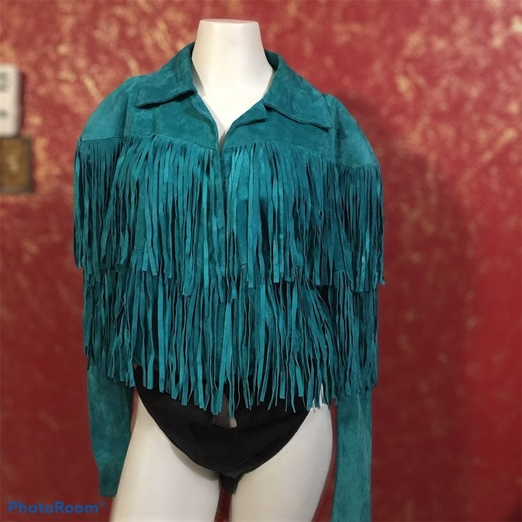 Karen Okada For David Howard Vintage Turquoise teal Leather Fringes Jacket 12