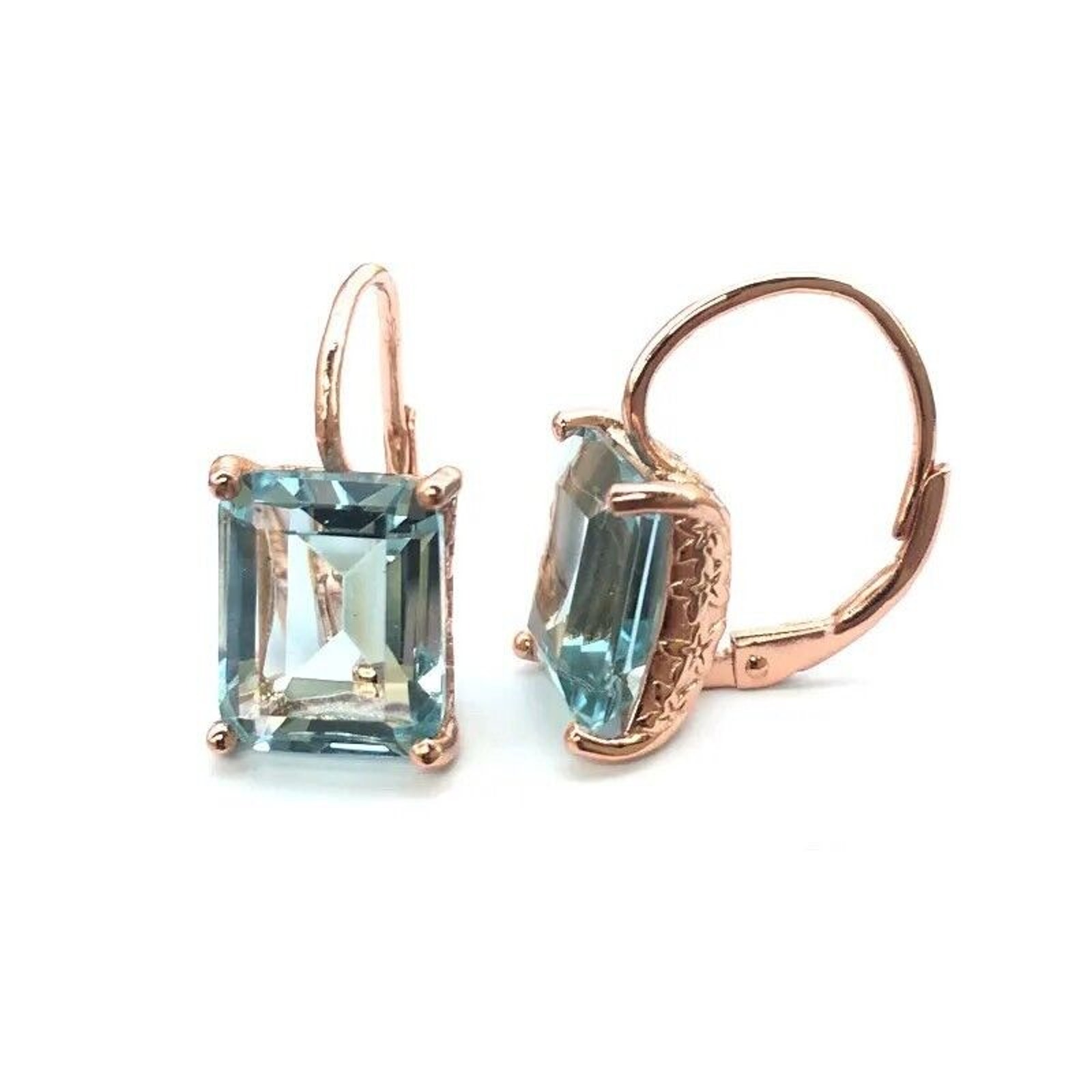Natural Blue Quartz Crystal Rose Gold Dangle Earrings 925 Sterling Silver