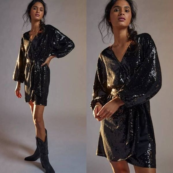NWT ANTHROPOLOGIE LISABETTE SEQUIN GLITZ WRAP MINI STATEMENT DRESS BLACK LBD XS
