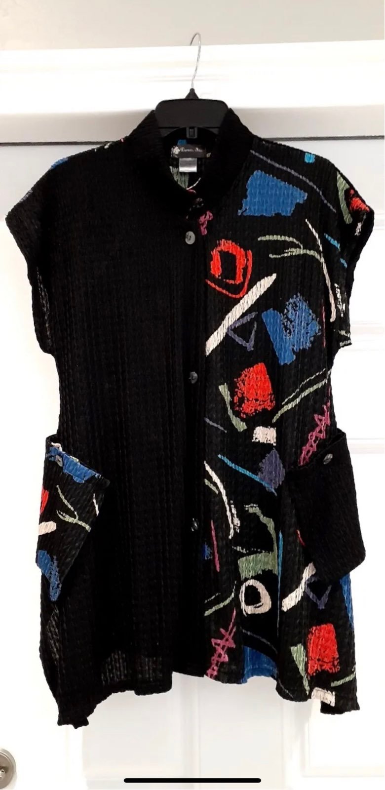 Damee Inc Women Tunic/Camisole Black Buttons Down Cap sleeves Pockets Size S/M