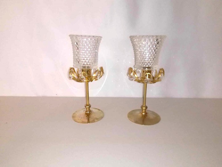 set of Vintage Brass and crystal/glass Candle holder set