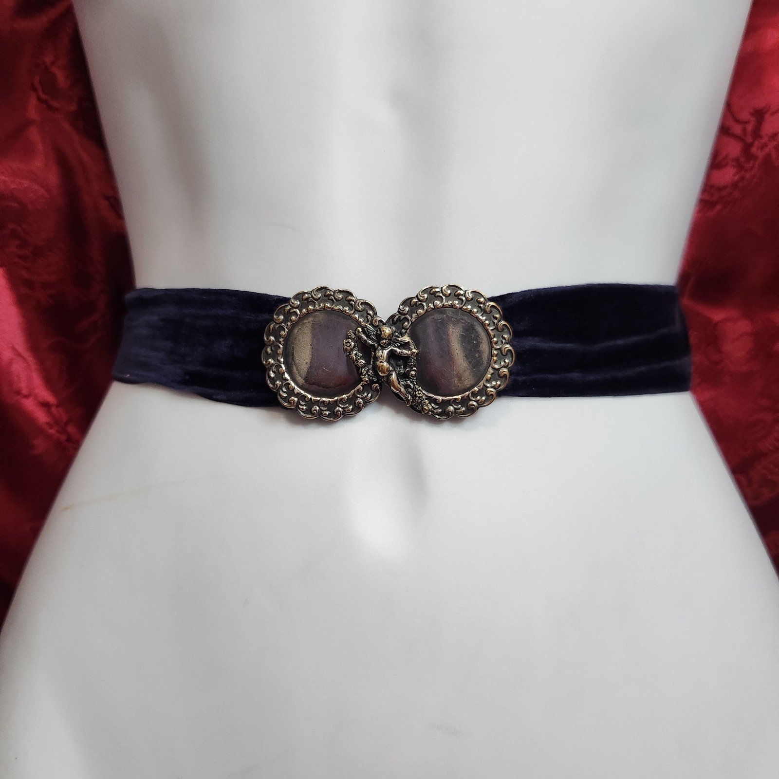 F.N. & Co Antique 1900s Sterling Silver Cherub Angel Buckle Navy Velvet Belt
