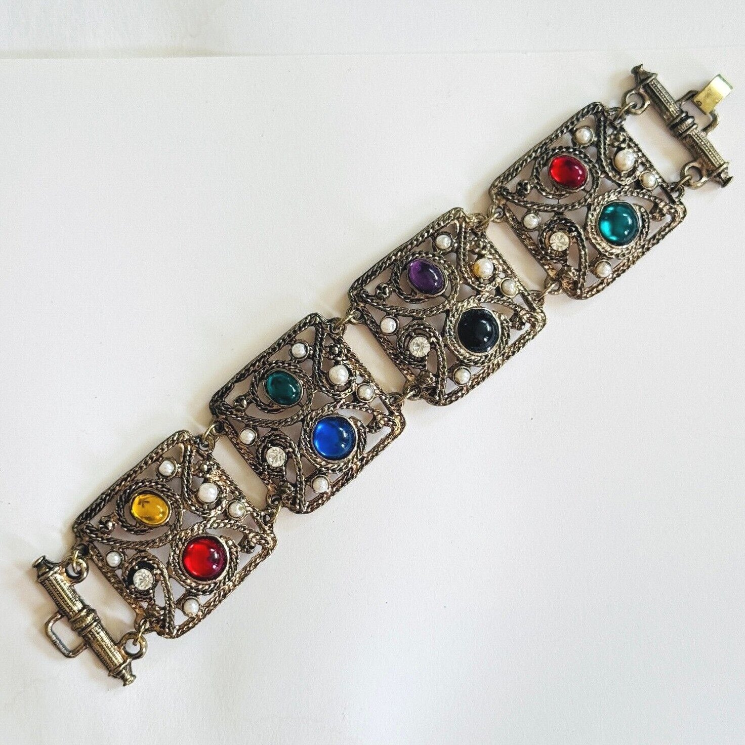 VTG Bracelet Regal Cabochon Link Gold tone Chunky link Statement Colorful Pearl