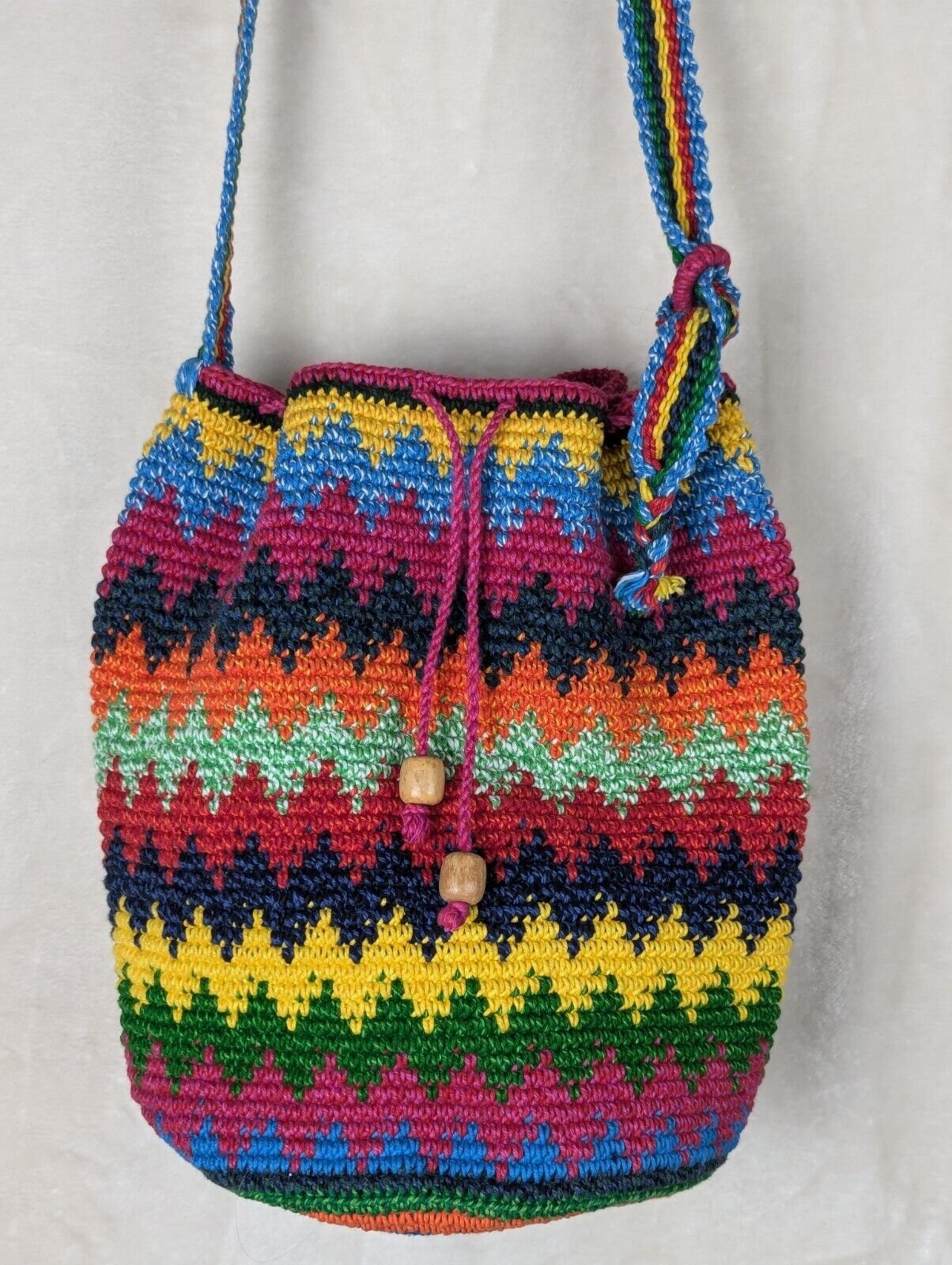LN Unique Batik Crochet Bucket Bag Crossbody Purse Drawstring Multicolor Chevron