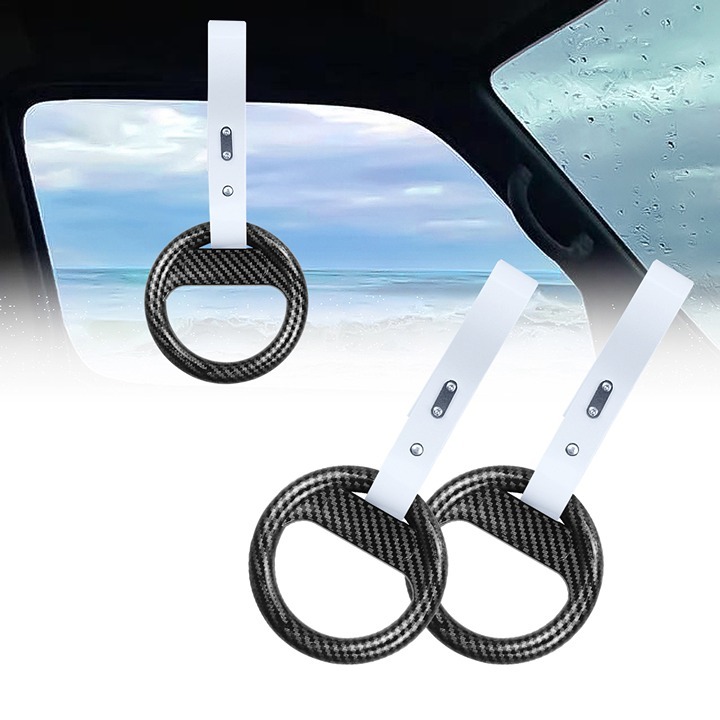 Brand New 2PCS Round Carbon Fiber JDM TSURIKAWA White Handle Strap Charm Drift