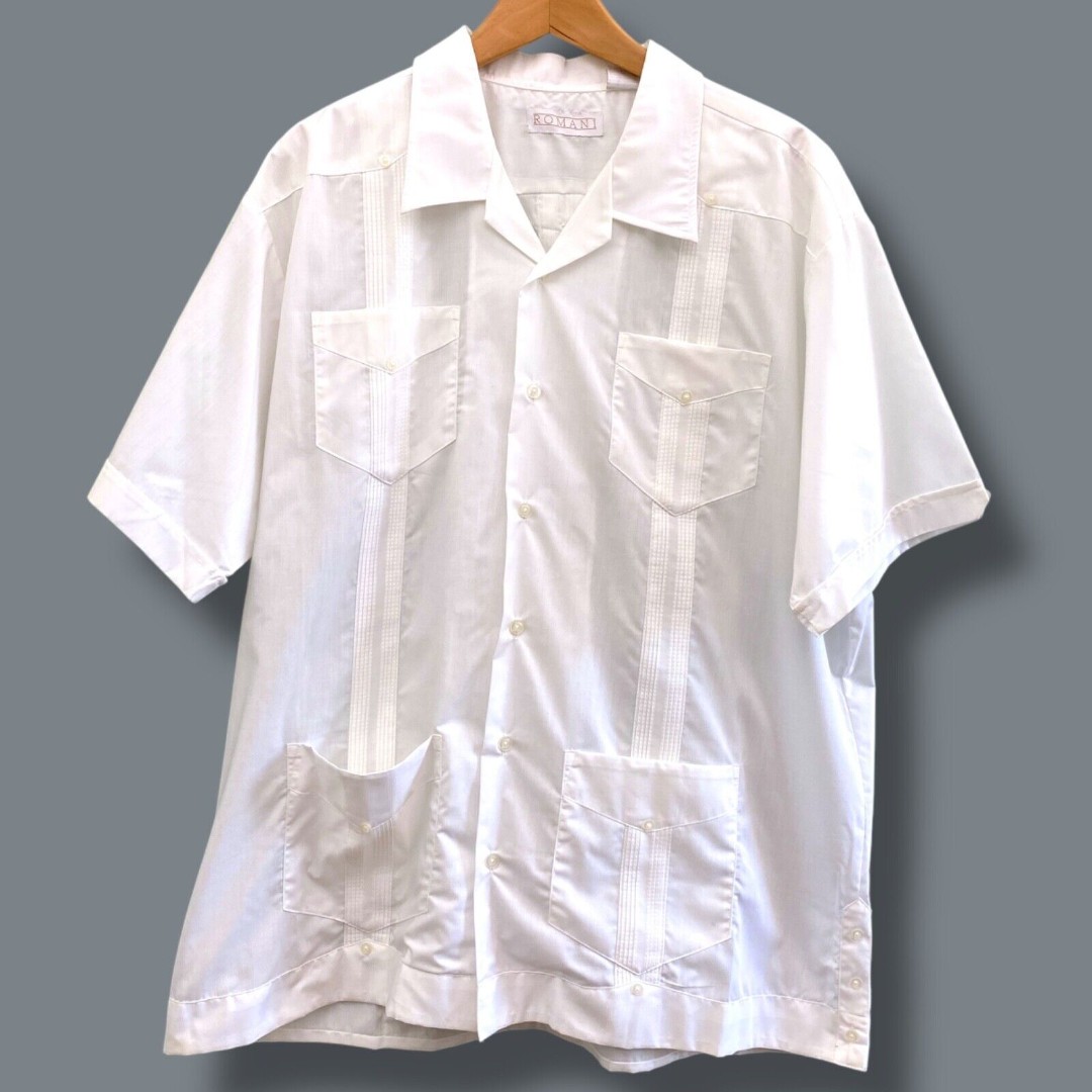 Romani Guayabera Shirt Cuban Button Up Mens XL White Pockets Vintage 90s Y2K