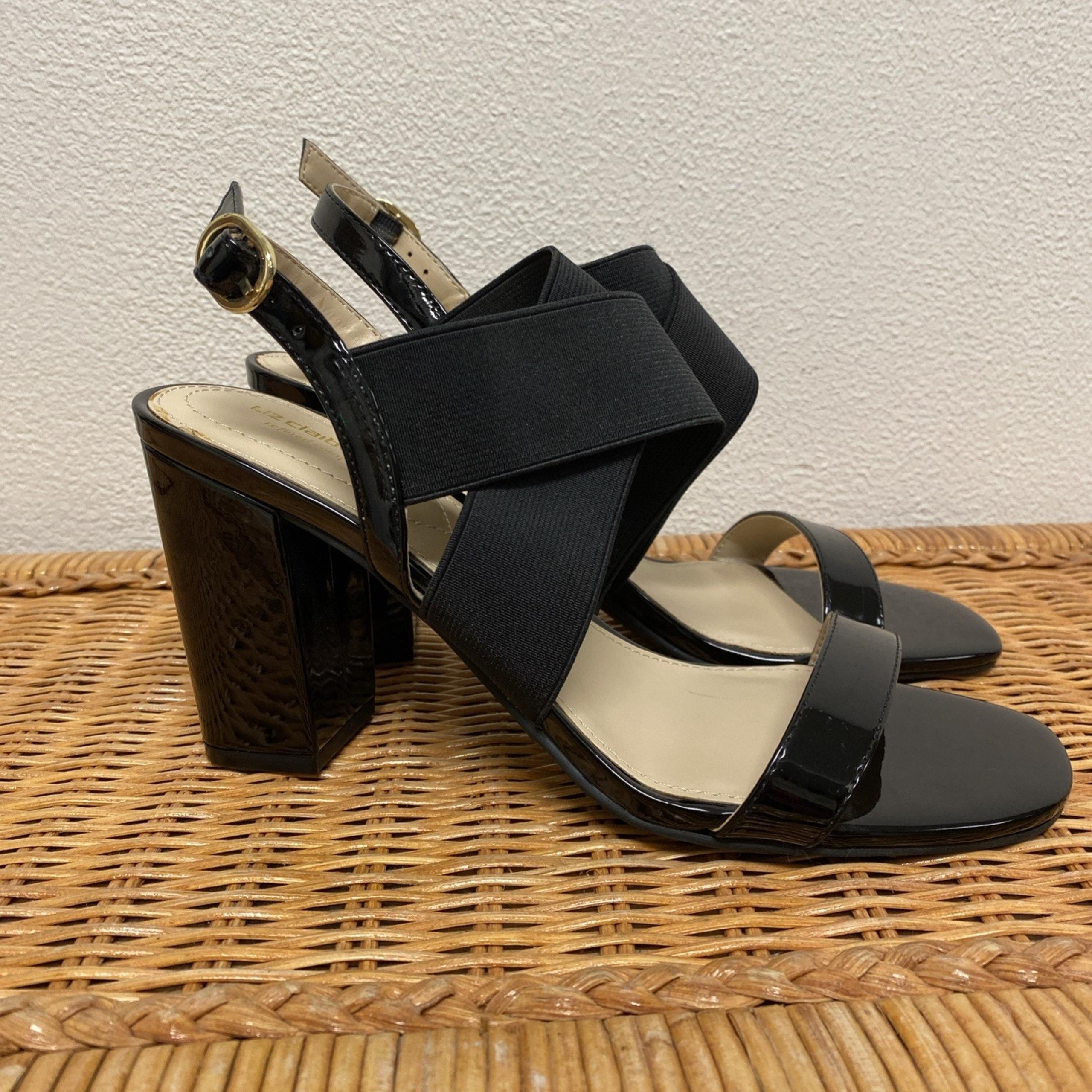 Liz Claiborne Tempo Black Open Toe Slingback Sandal Block Heel Y2K NEW