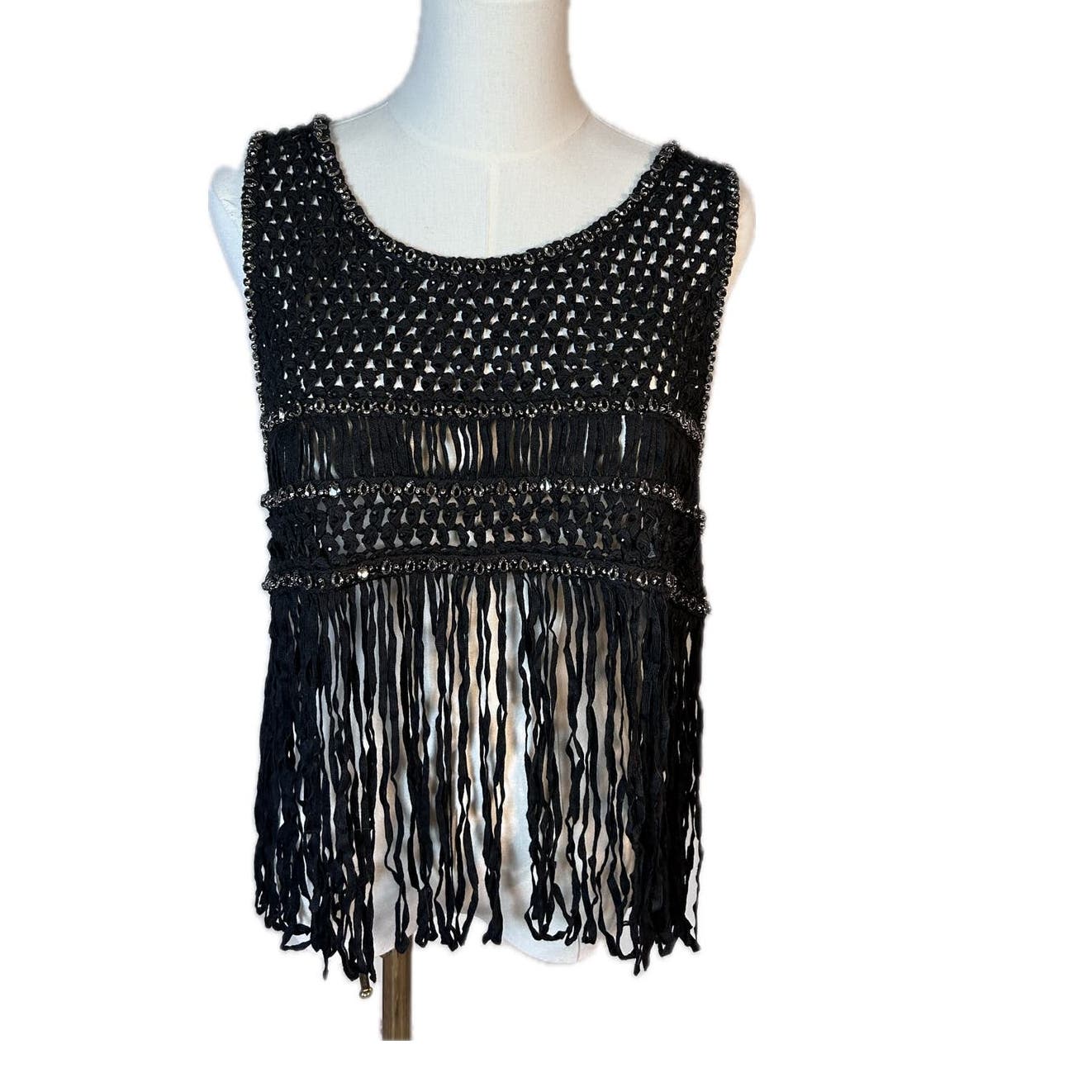Ellie Wilde by Mon Cheri Crochet Crop Top Size 6 Black Beaded Fringe Sleeveless