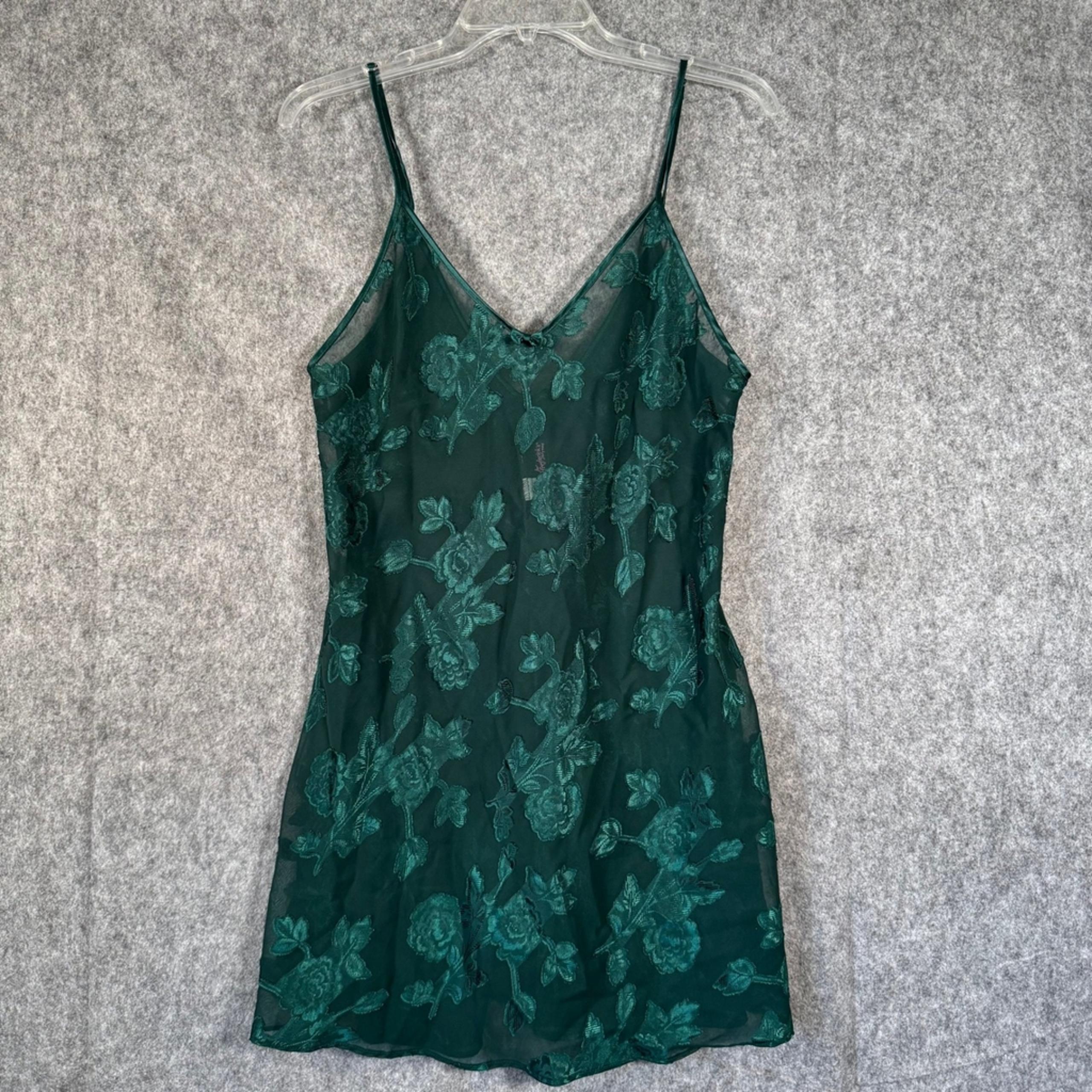 Fredericks Of Hollywood Chemise Slip Lingerie Large Satin Green Lace Bows Sheer