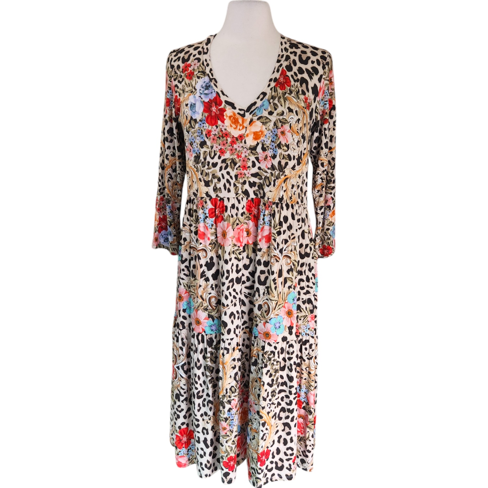 Johnny Was Cheetah Tiered Tea Length Dress MEDIUM Stretch Jersey Knit T32822-8