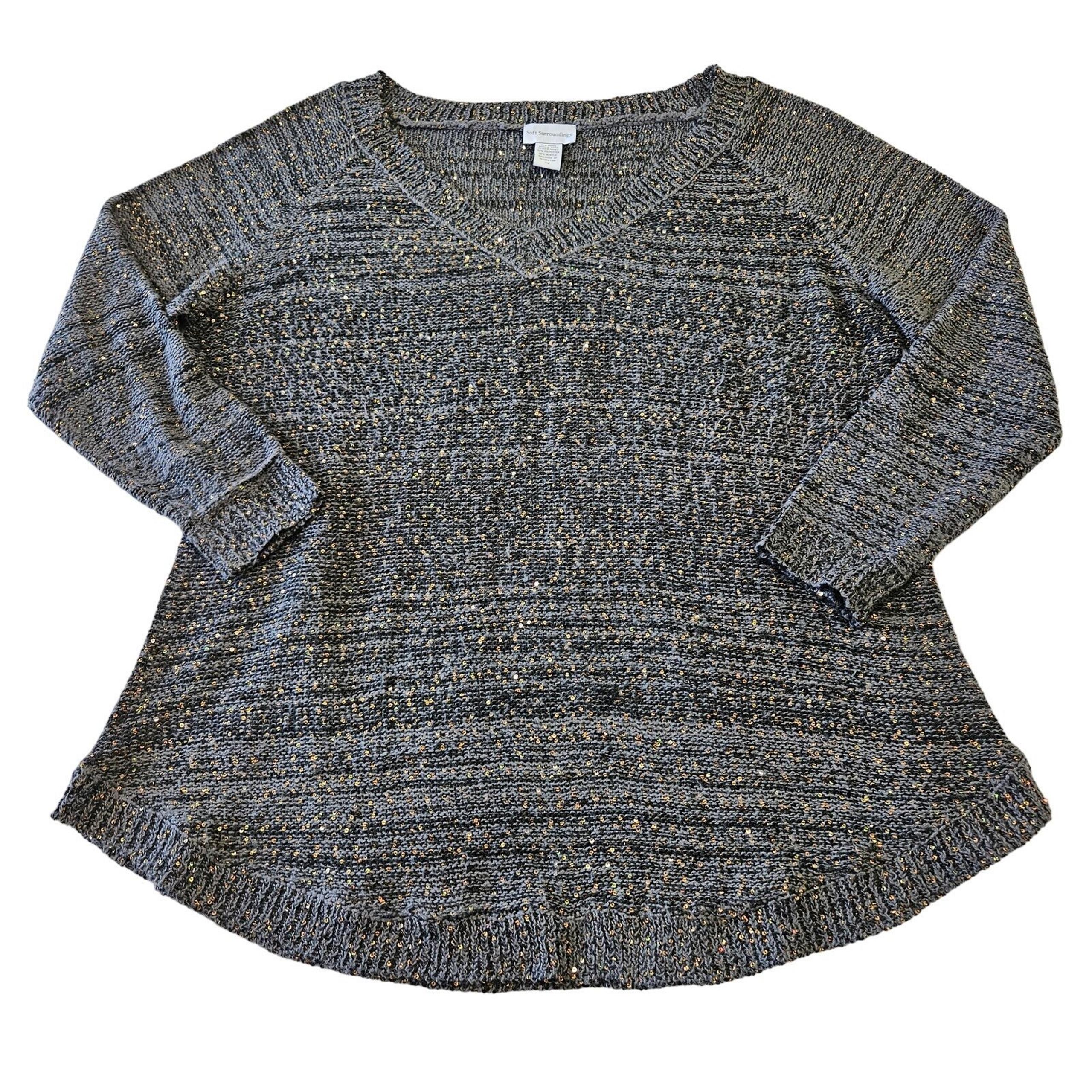 Soft Surroundings Women's Gray Sequin V-neck Knit Sweater Size 3X Casual