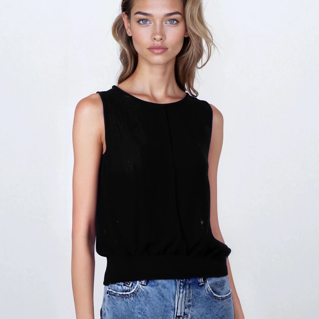 RENA LANGE Black Cotton Sleeveless Smocked Hem Top