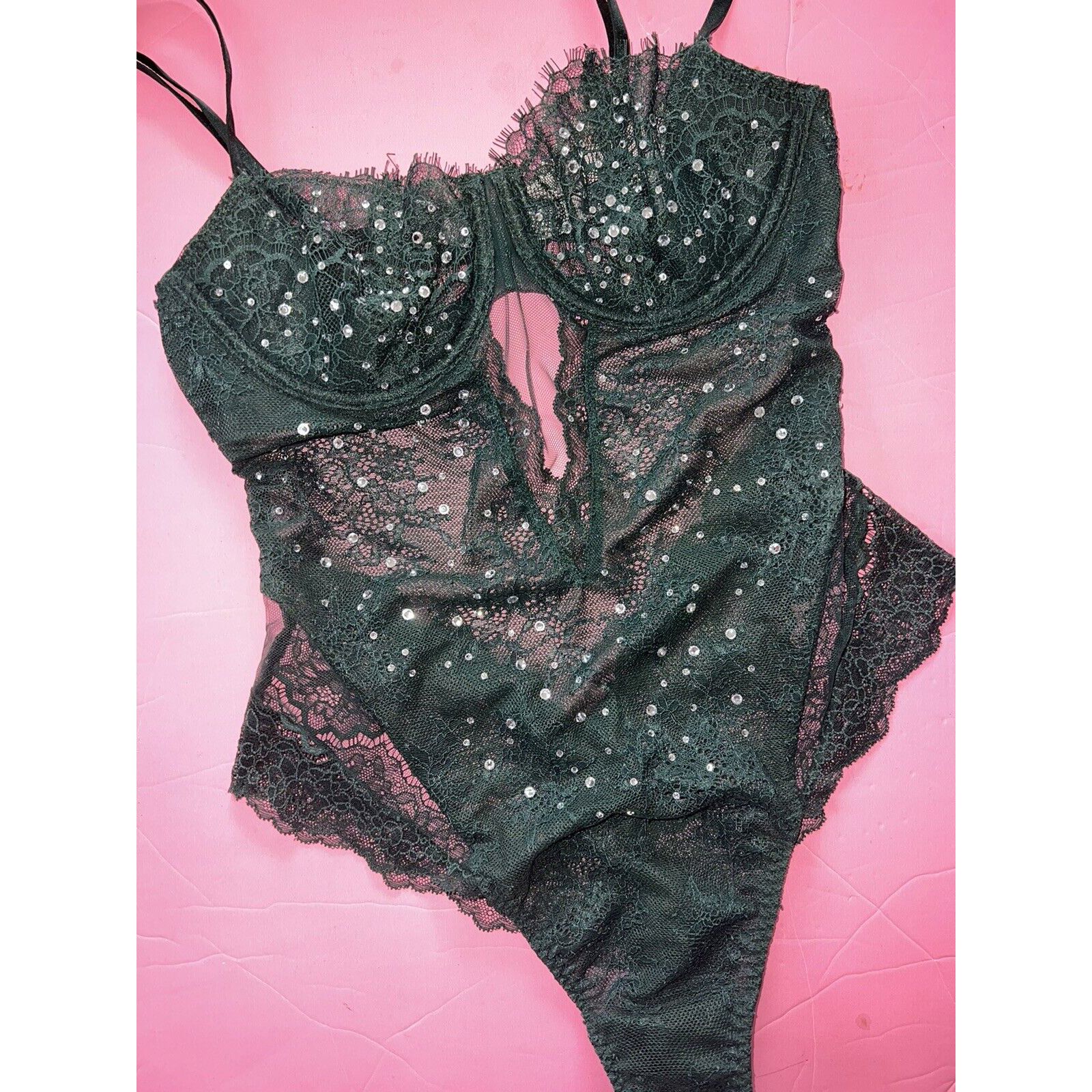 Victoria's Secret M 34C 34D 36B Teddy One-piece EMERALD GREEN crystal BLING