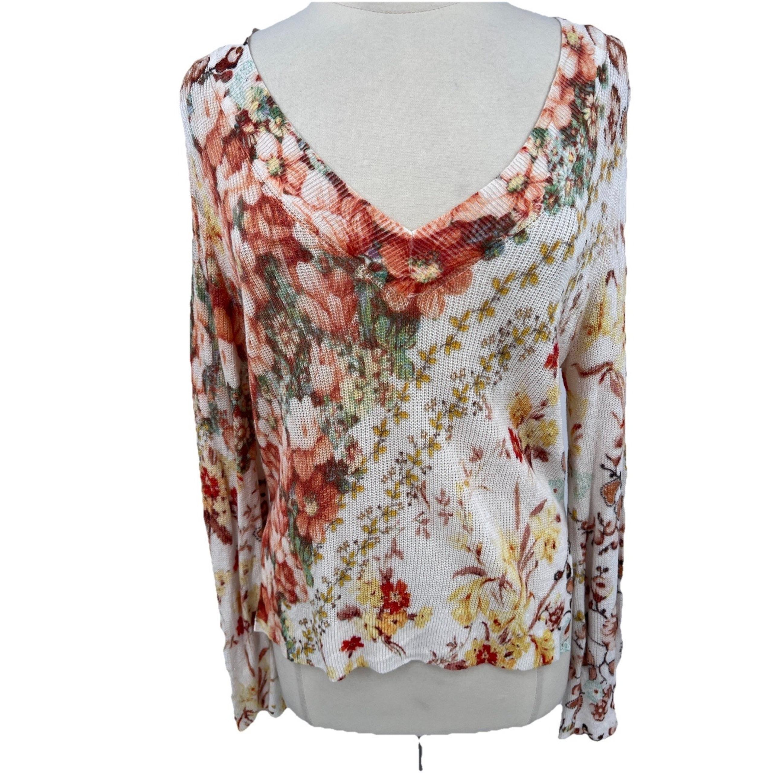 by Anthropologie Sweater Women’s M Oatmeal Floral V Neck Linen Blend Pullover