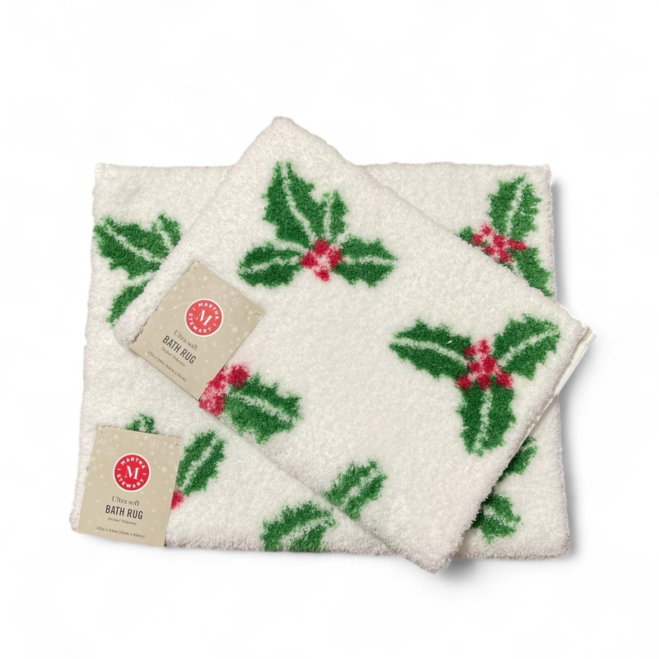 Martha Stewart Christmas Holly White Green Bath Rug Floor Mat Ultra Soft