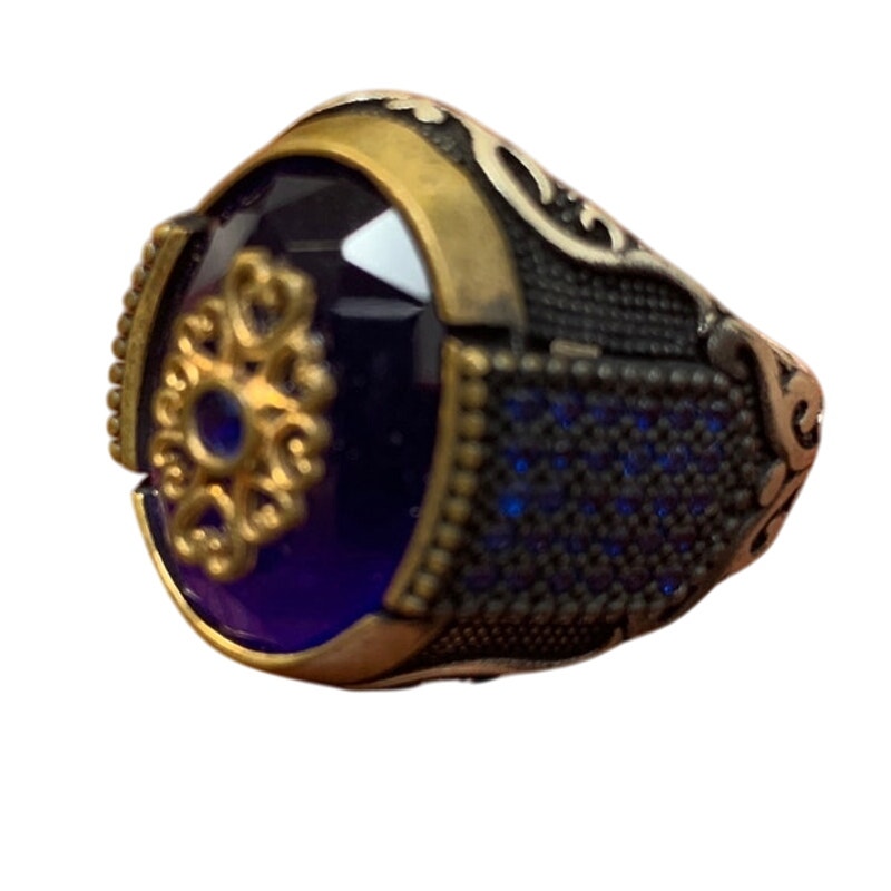 Handmade in Turkey Blue Sapphire Mens Size 11.25 Sterling Silver Statement Ring