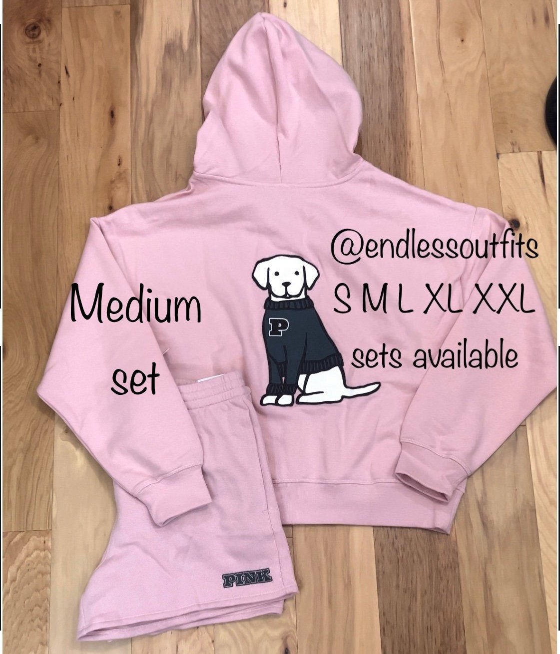 VS PINK LIMITED EDITION CHALK ROSE DOG FULL ZIP SWEATSHIRT & SHORTS SET SIZE MED