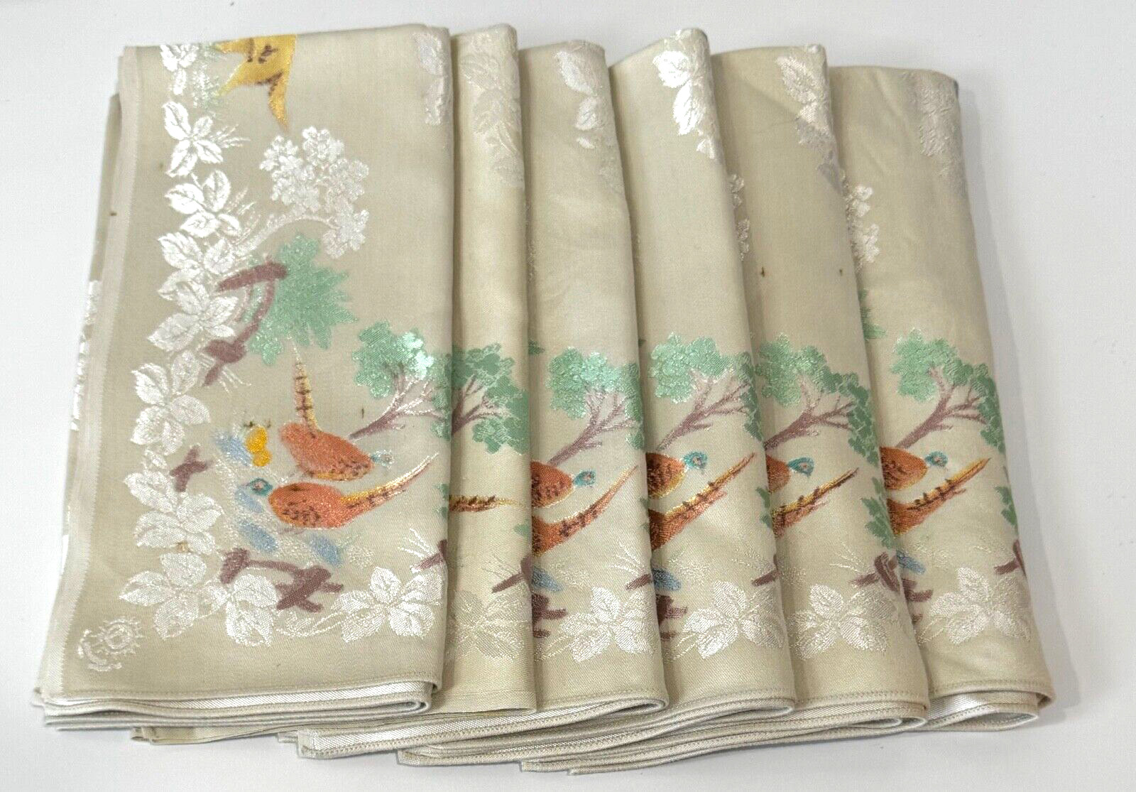 Vtg Old Bleach Cloth 6 Napkins Damask Handpainted Pheasants Dog Hunting Ireland