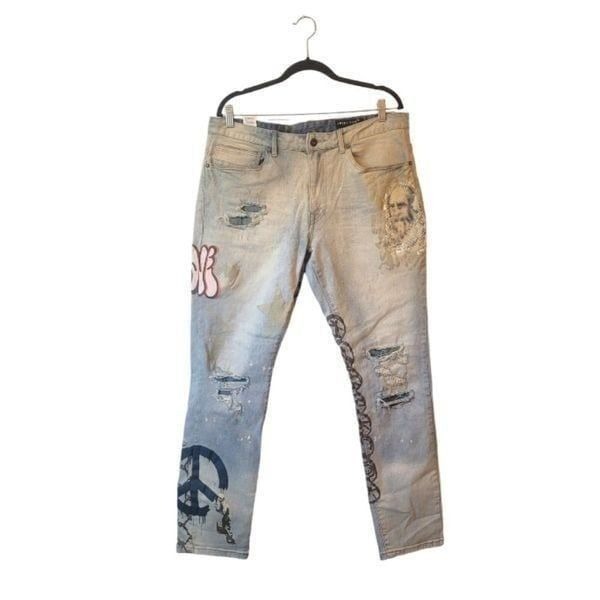 Smoke Rise Light Wash Denim Distressed Slim Tapered Fit Jeans