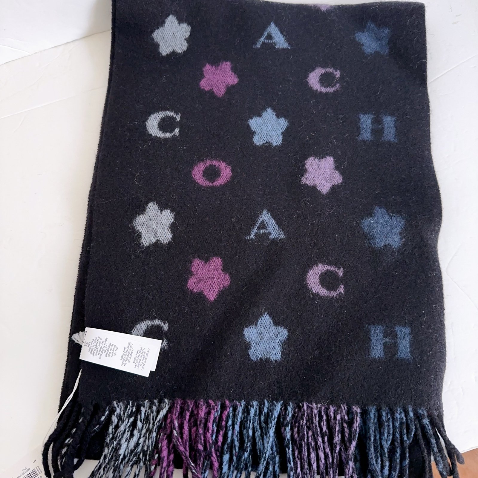 NWT COACH Stars Striped Print Muffler / Scarf Black Multicolor 4623