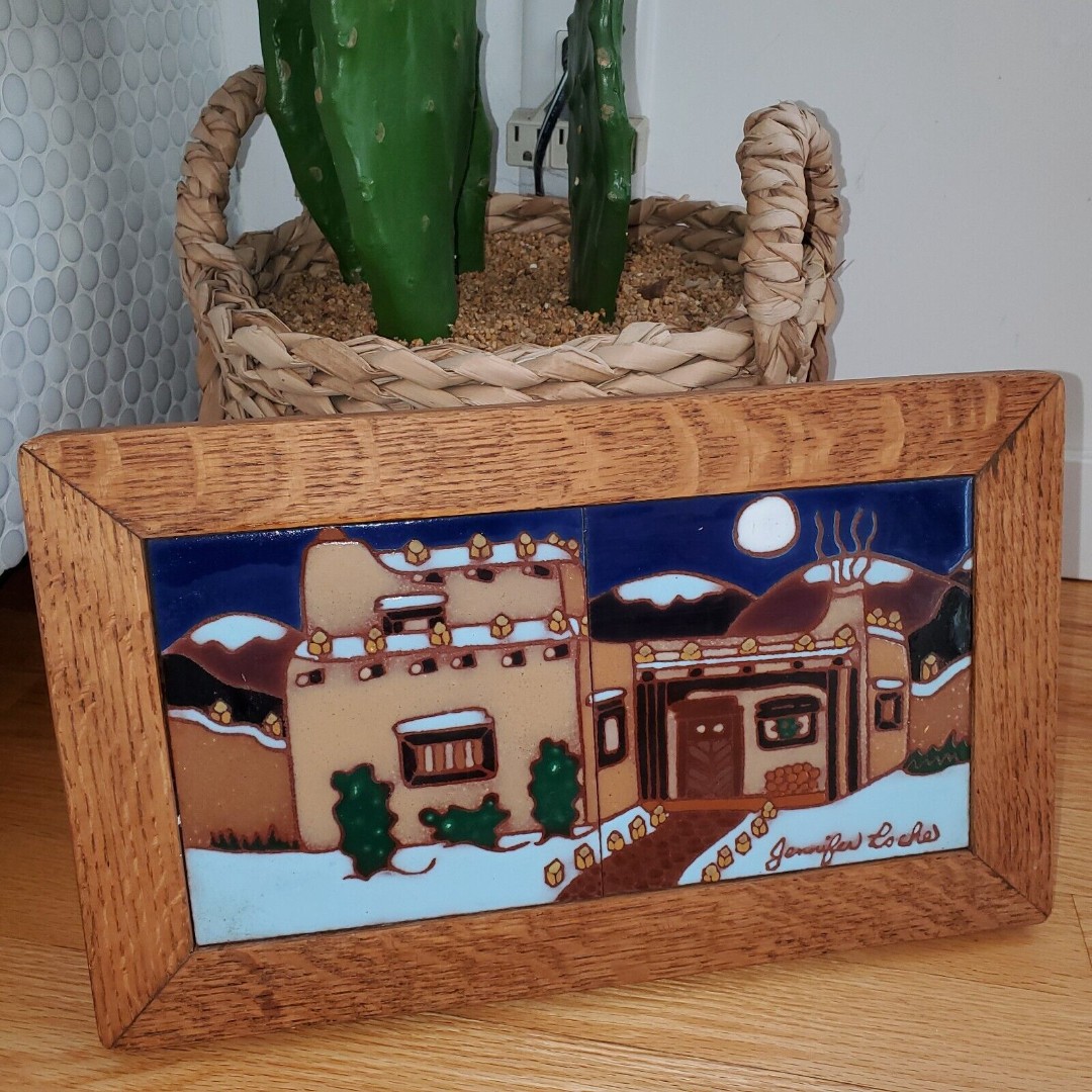 Jennifer Roche Hand Painted Native American 2 Tile Framed Set Southwest Santa Fe
