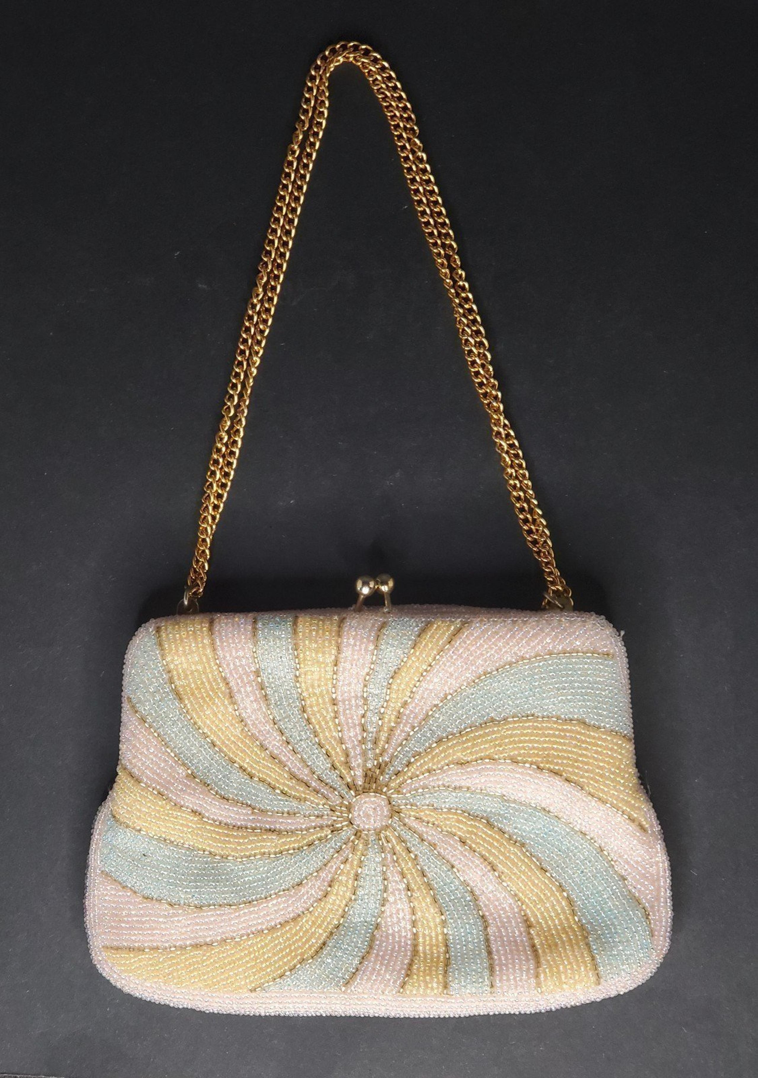 MCM Retro Geometric Pastel Spiral Pattern, Beaded Clutch Purse