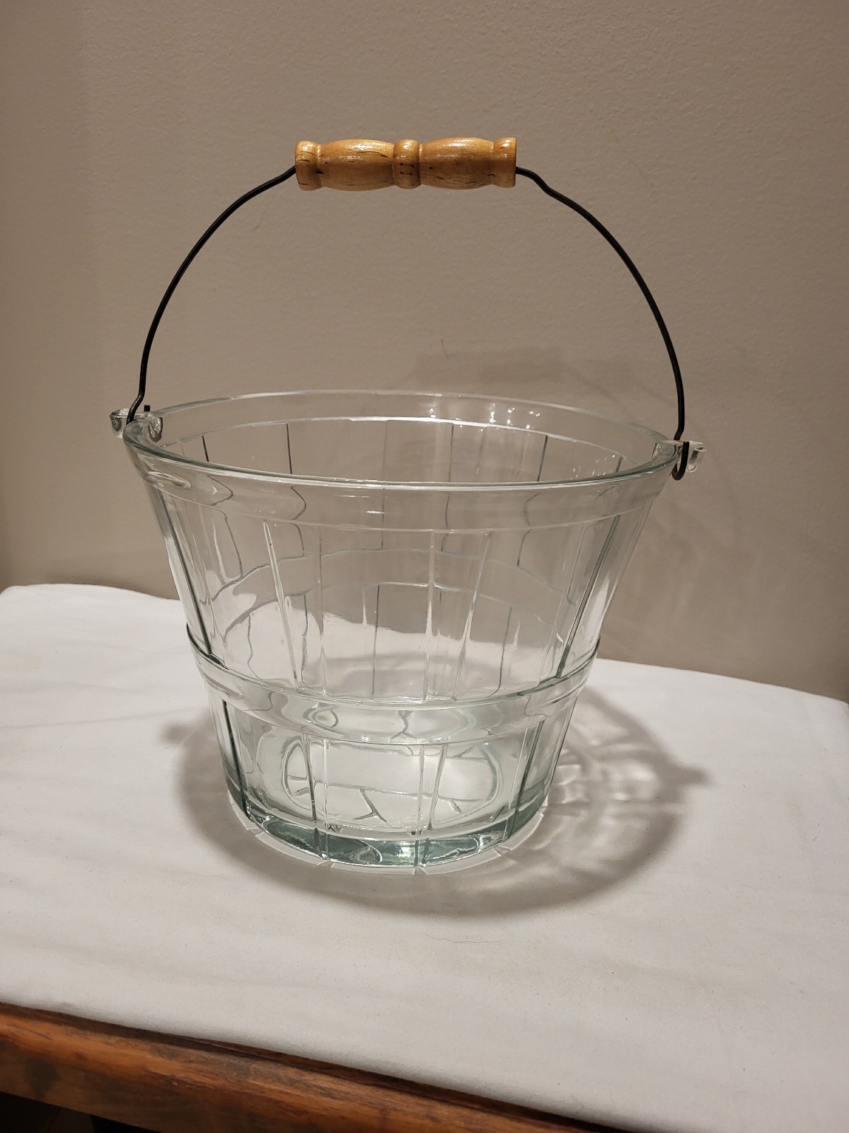 Vintage Anchor Hocking glass basket weave ice bucket pail with wood handle
