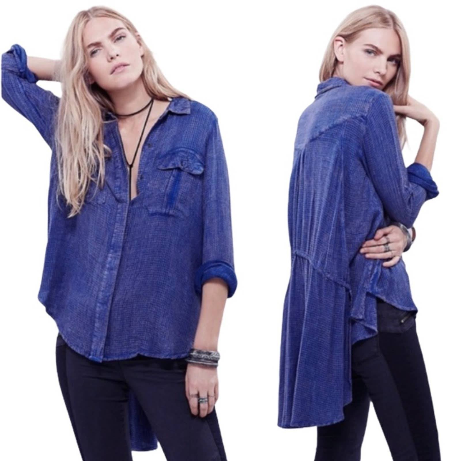Free People one of the guys blue knit thermal gauzy button down top