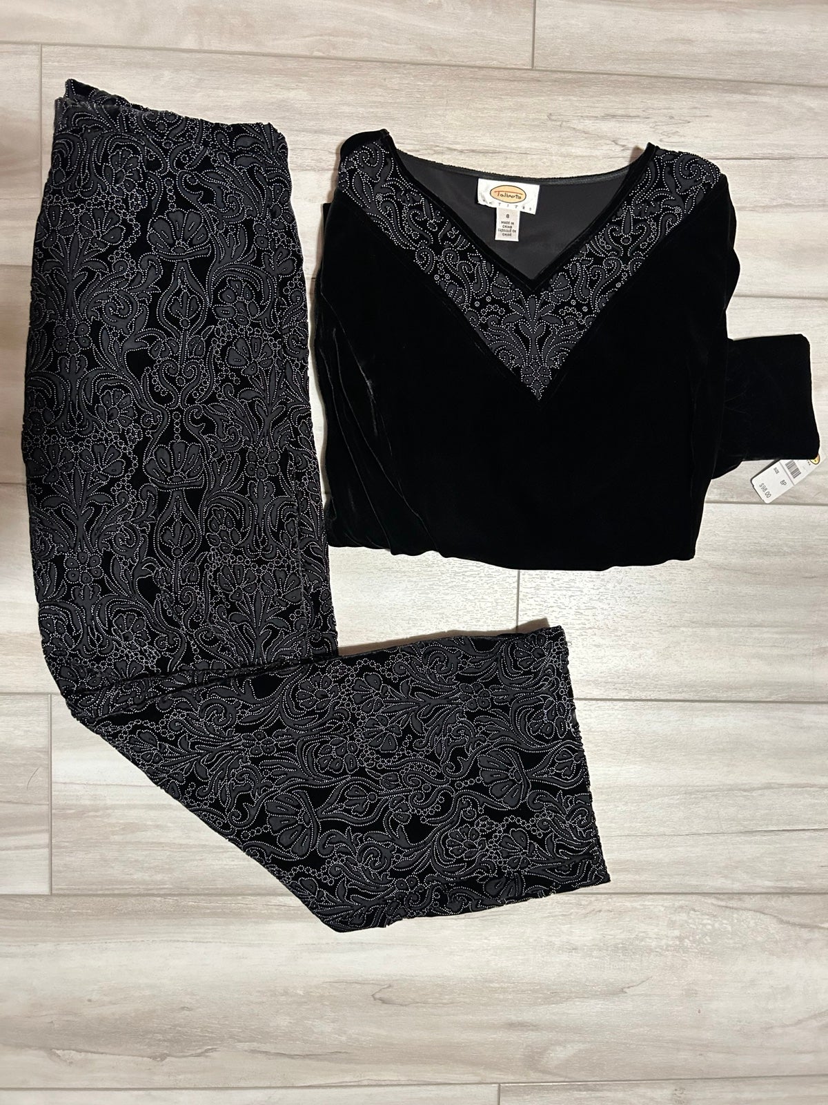 talbots pants, petite size, black pantsuit and top with beautiful floral design.
