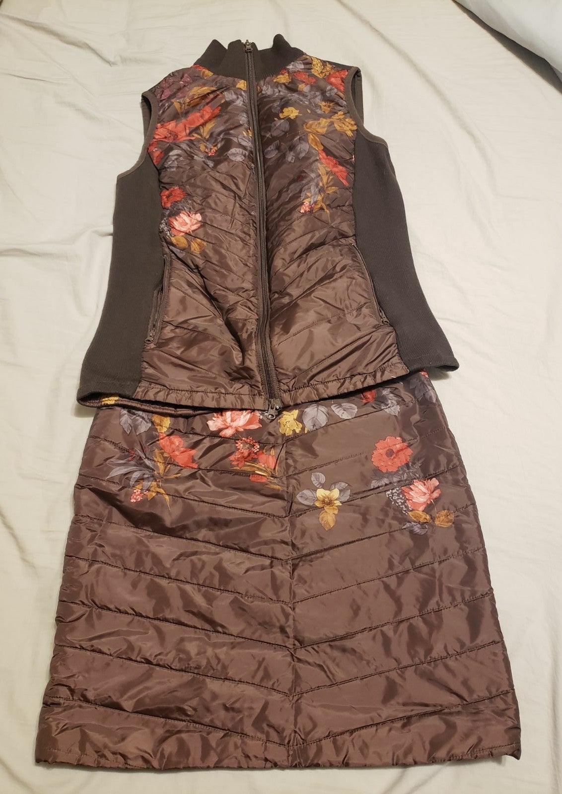 Quilted puff vest jacket and skirt suit brown burgundy floral fall leaves orange