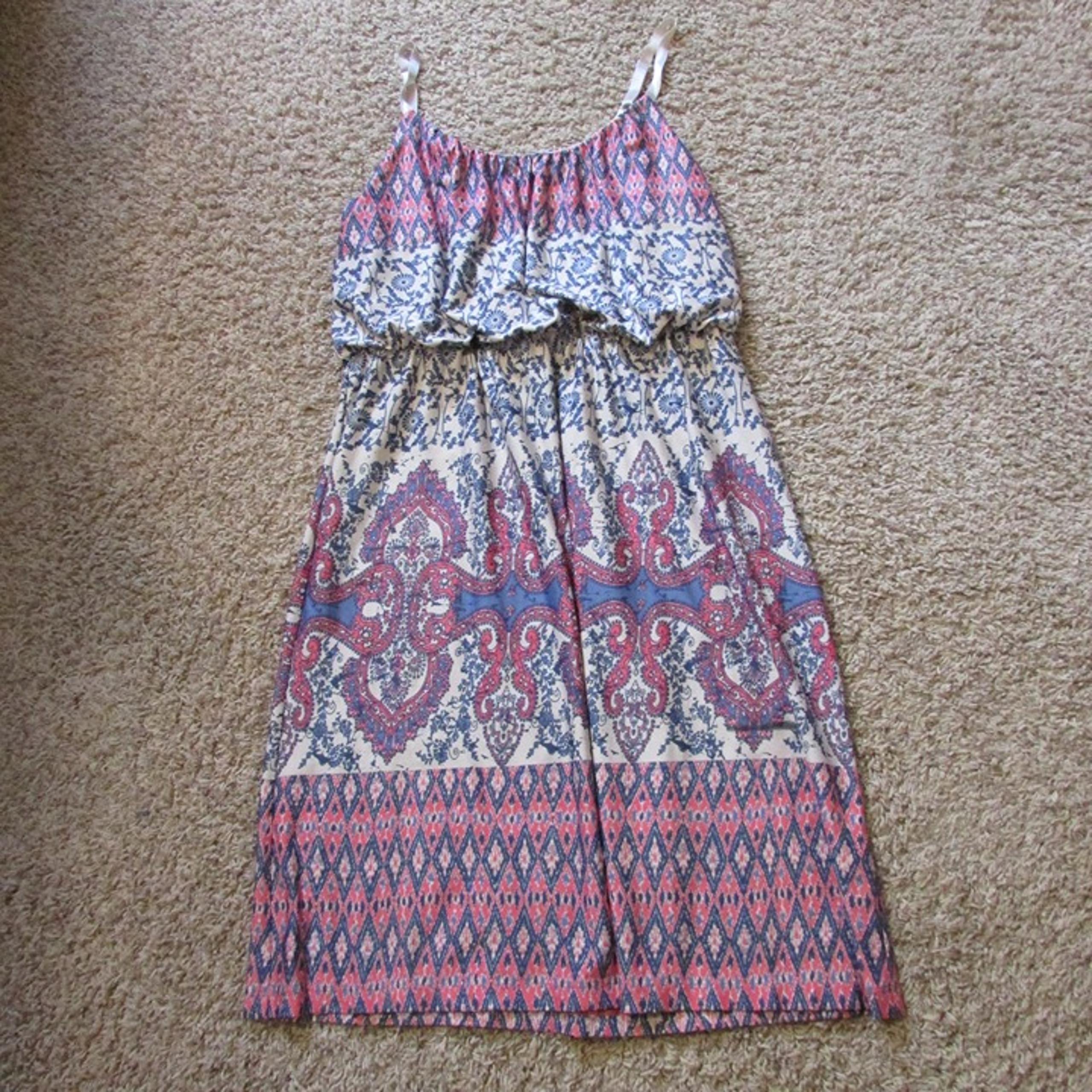 NWOT Maurices Plus 0 Beige Blue Pink Sundress Adjust Straps Midi Scoop Neck Poly