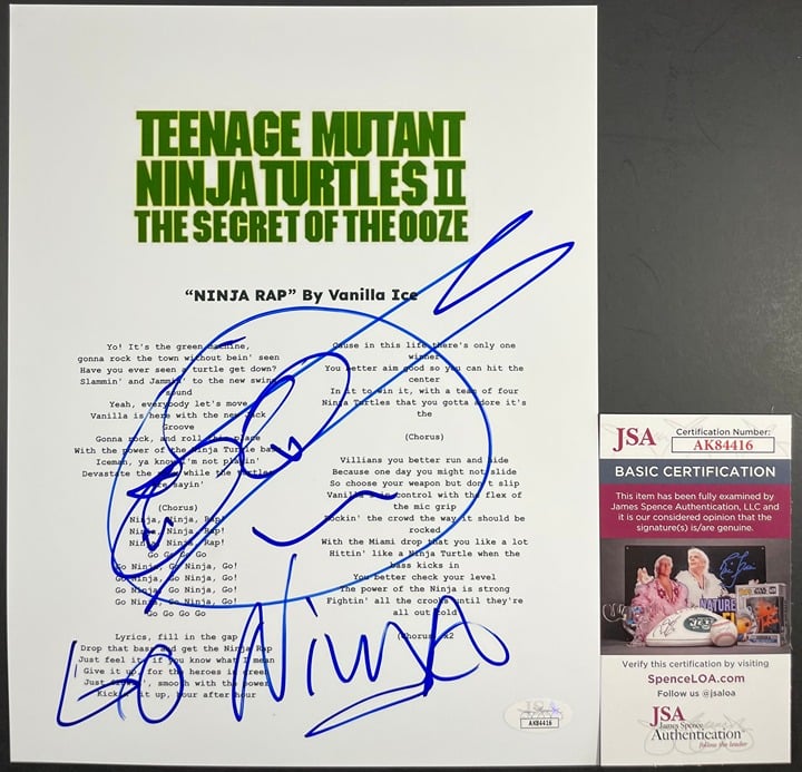 Vanilla Ice Sketch Teenage Mutant Ninja Turtles II Ninja Rap Lyric Sheet JSA COA