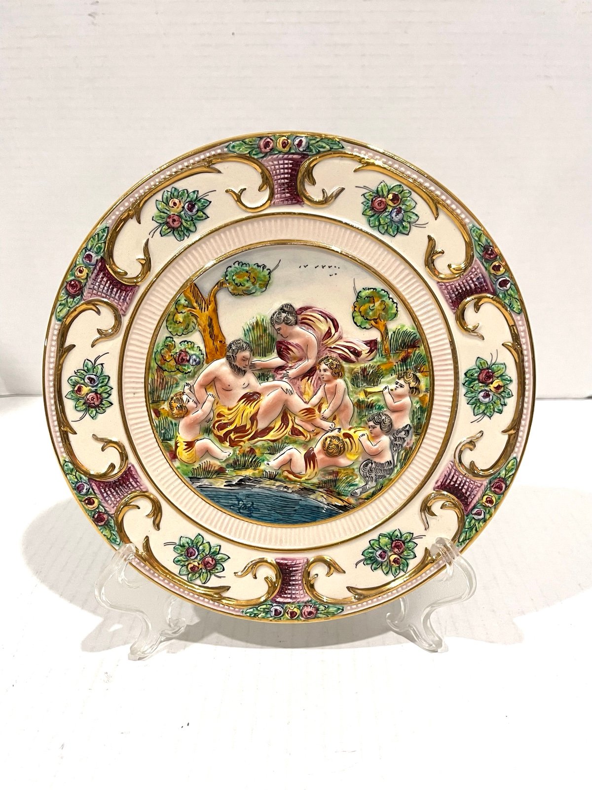 Vintage Capodimonte Hand Painted 3D Porcelain Wall Handing Plate Marked Italy 9”