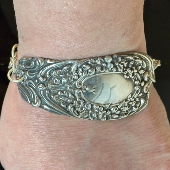 Antique Sterling Silver Cuff Bracelet 925 Victorian Gorham Floral Spoon Gift