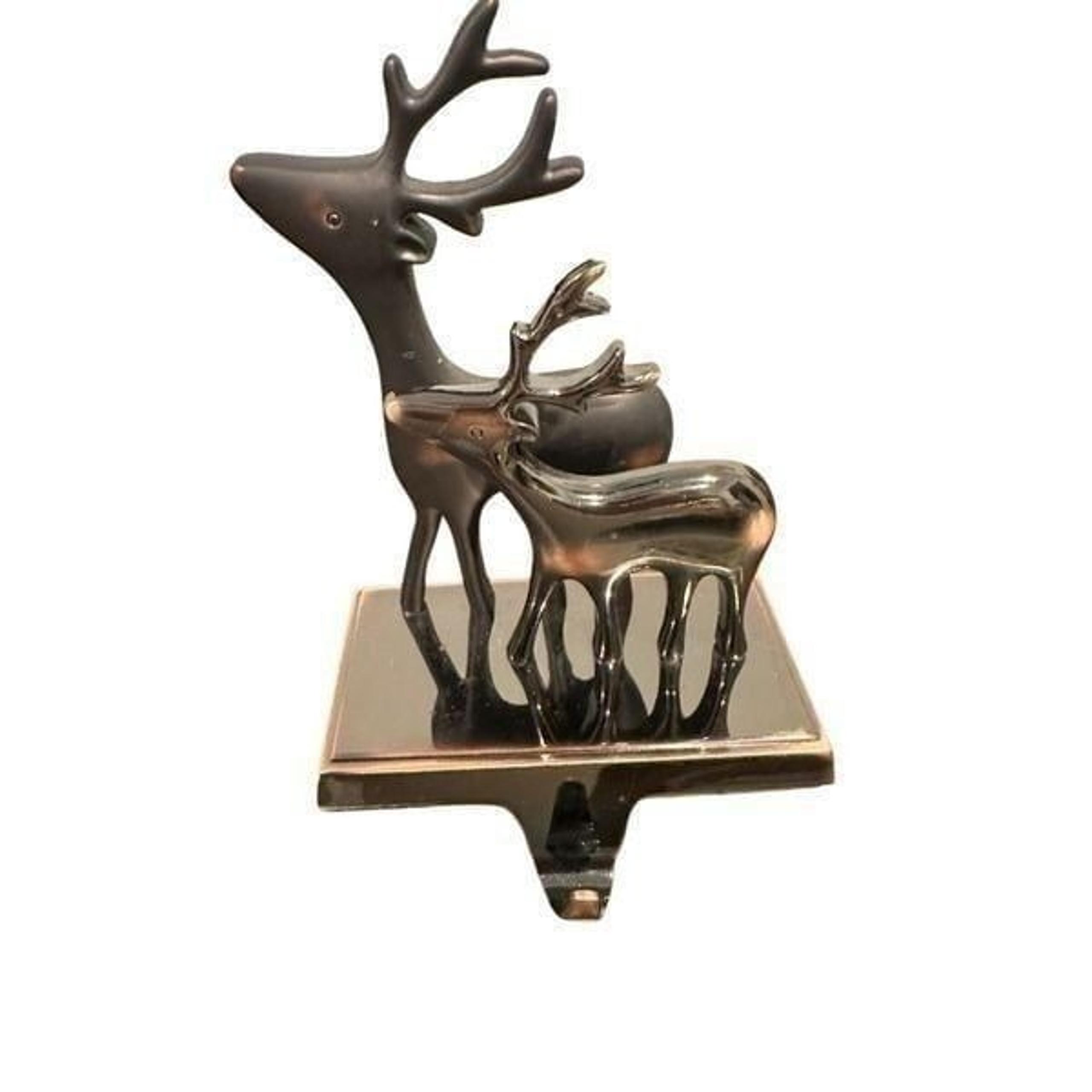 Pier 1 metal double reindeer stocking hanger holder bronze metal Christmas